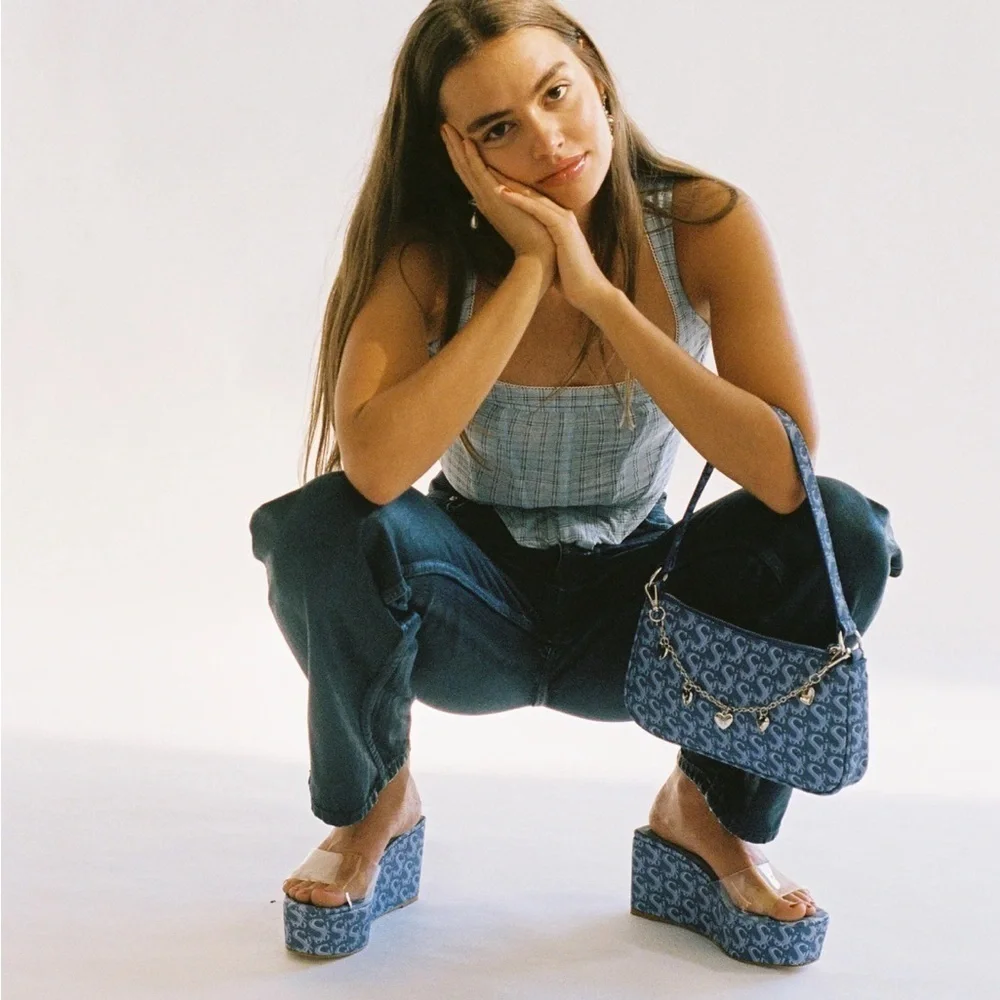 Sooki La La The Rocky La La Clear Slip On Blue Logo Platform Wedge Sandals